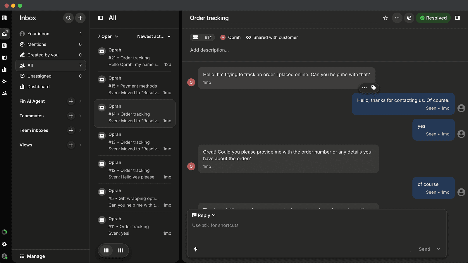 A Feutre practice conversation inside the Intercom inbox