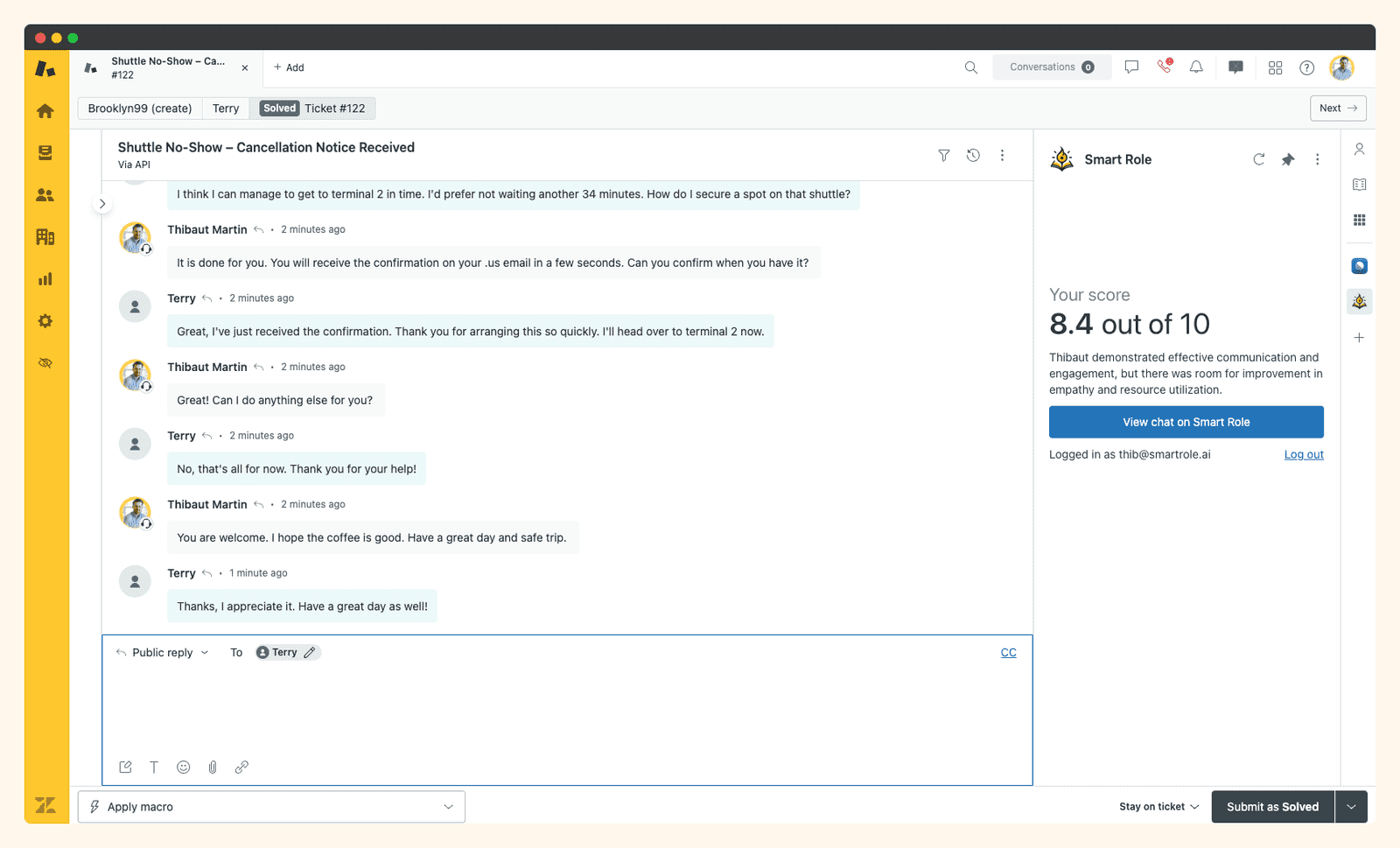 A Feutre simulation scored inside the Zendesk agent workspace