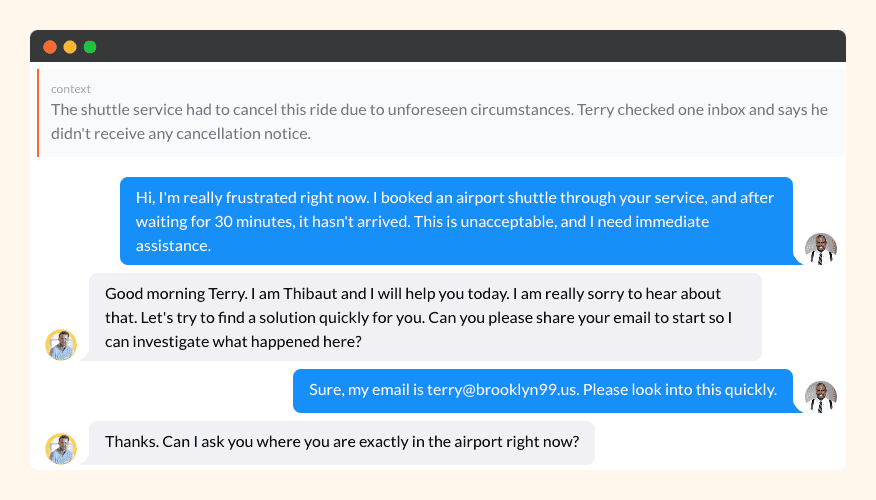 Live chat role-play with a frustrated customer