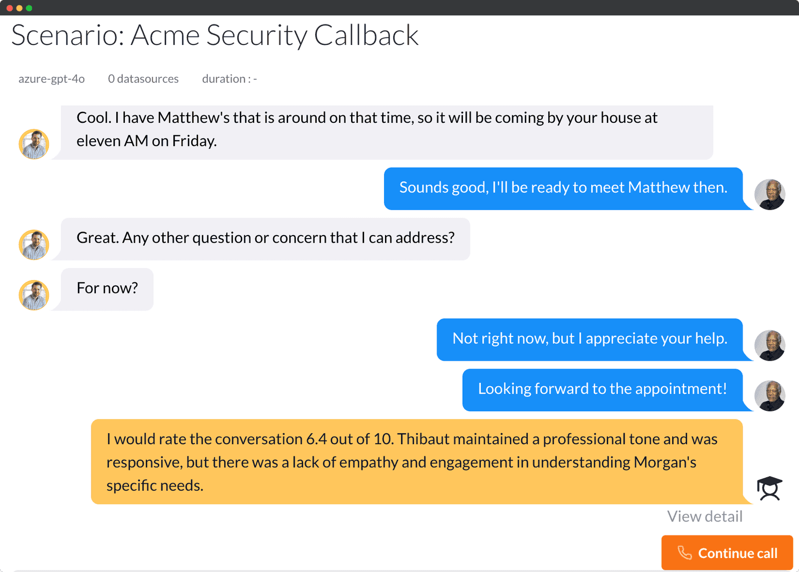 Conversation rated by the AI coach, with feedback on empathy