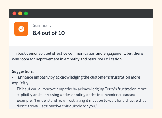 Scenario summary scored 8.4 out of 10, with coaching suggestions
