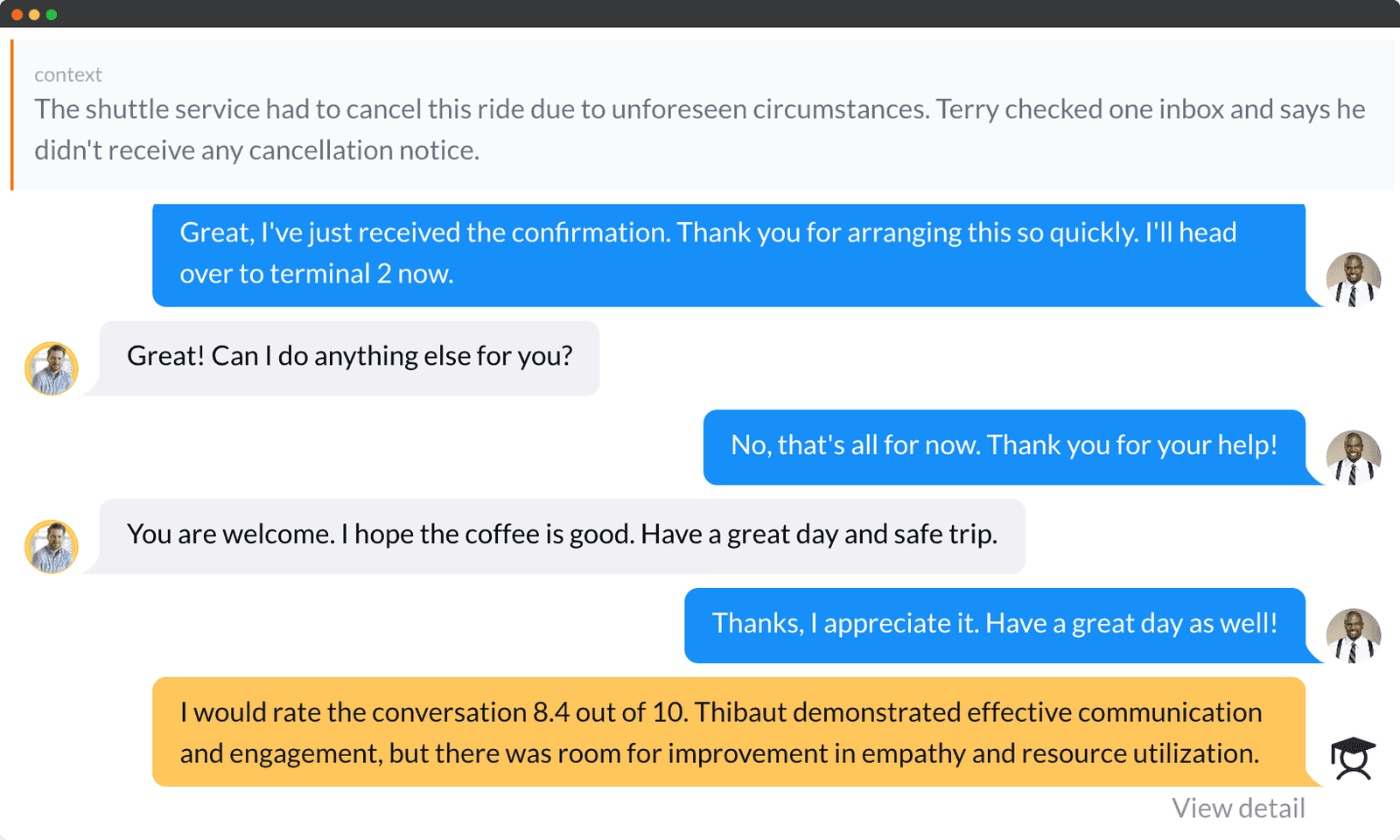 A travel support conversation scored in Feutre