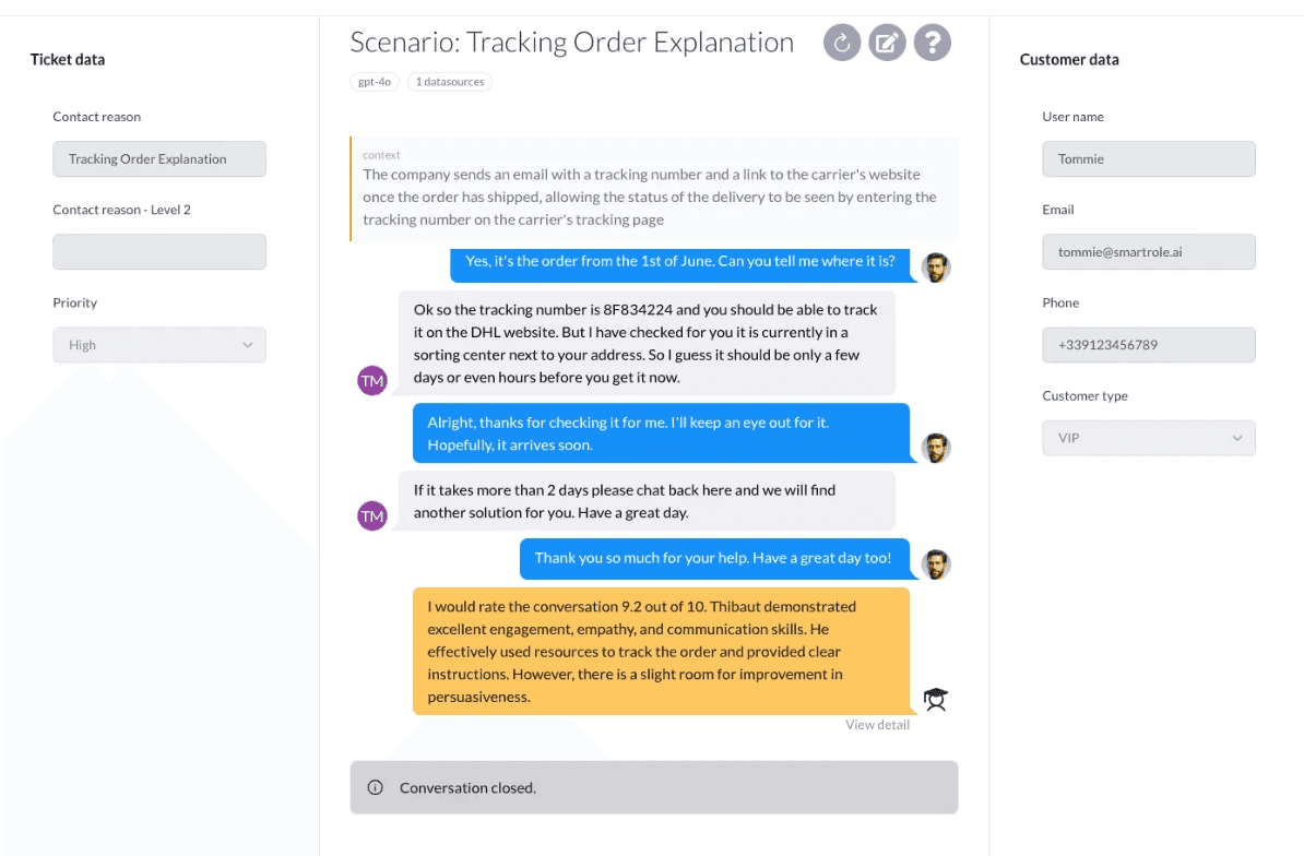 Ticket simulation with customer data and AI evaluation